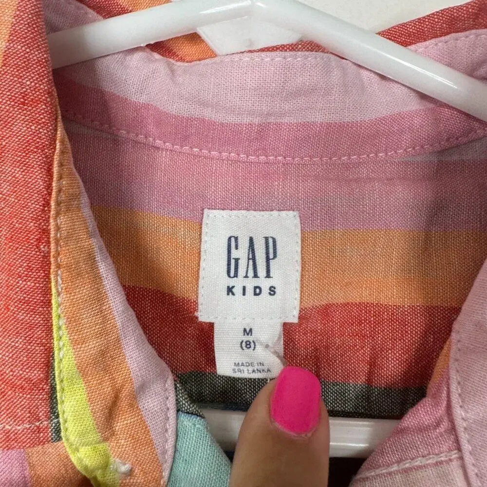 2/$30 NWT GAP Kids Linen-Cotton Oxford Shirt Button-Down Multi Medium #9682